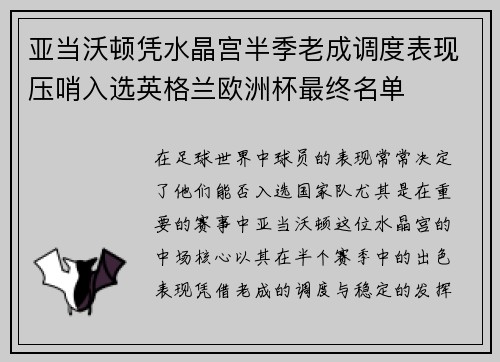 亚当沃顿凭水晶宫半季老成调度表现压哨入选英格兰欧洲杯最终名单 亚当沃顿凭水晶宫半季老成调度表现压哨入选英格兰欧洲杯最终名单