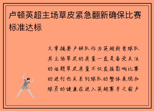 卢顿英超主场草皮紧急翻新确保比赛标准达标 卢顿英超主场草皮紧急翻新确保比赛标准达标