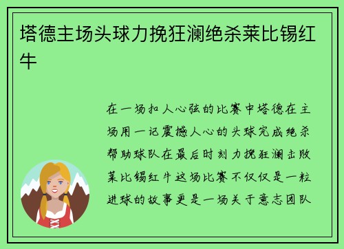 塔德主场头球力挽狂澜绝杀莱比锡红牛 塔德主场头球力挽狂澜绝杀莱比锡红牛