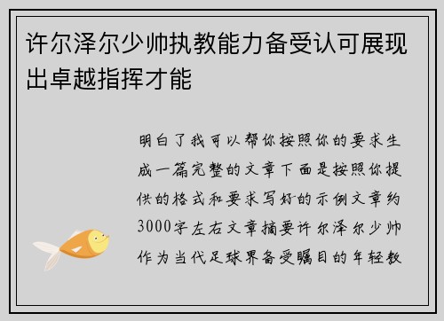 许尔泽尔少帅执教能力备受认可展现出卓越指挥才能 许尔泽尔少帅执教能力备受认可展现出卓越指挥才能